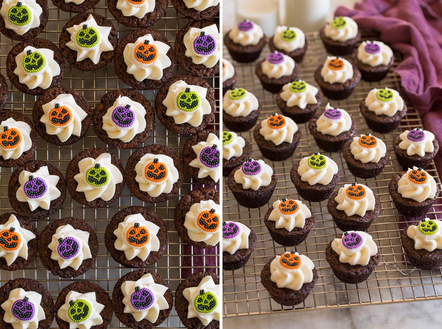 Halloween dessert idea, brownie bites decorated with frosting and pumpkin candy decorations.