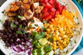 Chicken burrito bowl with cilantro lime rice.