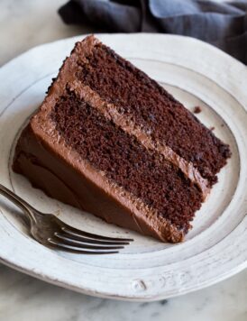 Slice of Chocolate Cake on a white dessert plate.