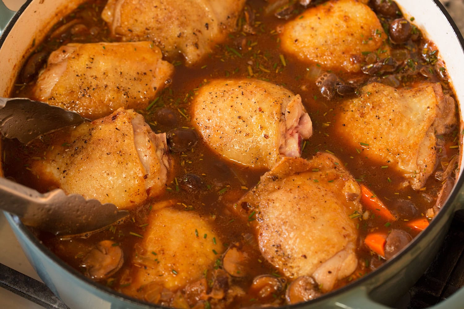 Chicken added to coq au vin.