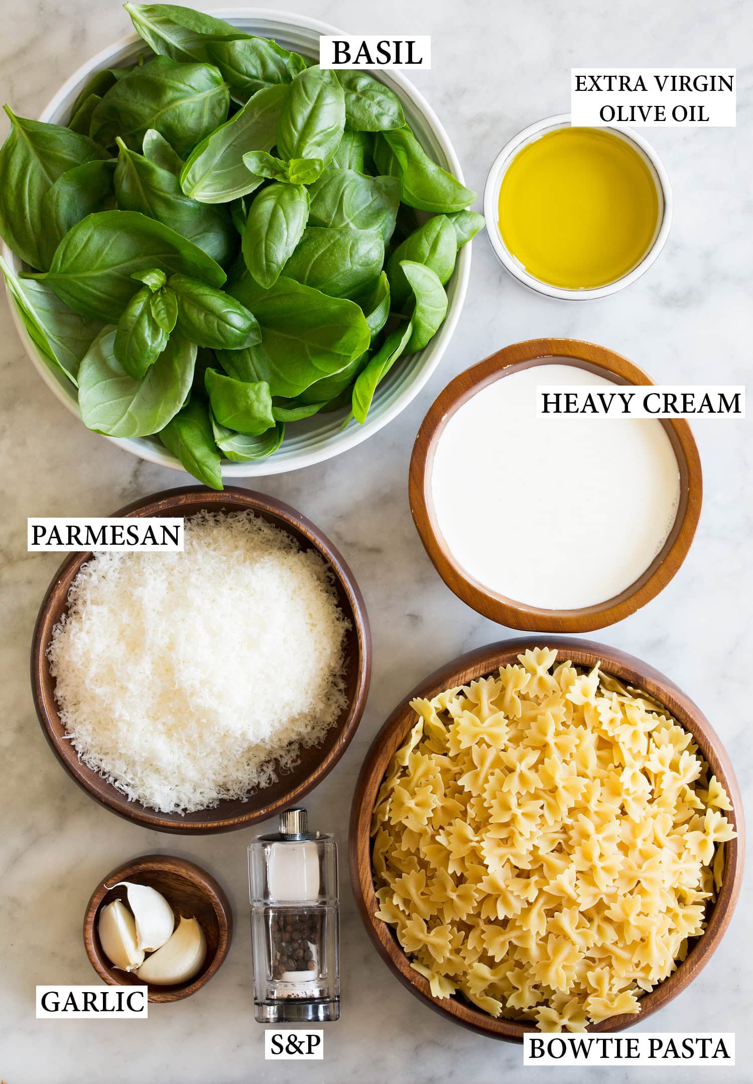 Ingredients used to make creamy pesto pasta.