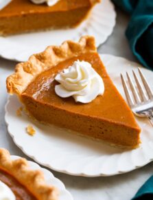 Slice of homemade easy 5 ingredient pumpkin pie.