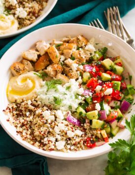 Close up photo of healthy Greek bowl.