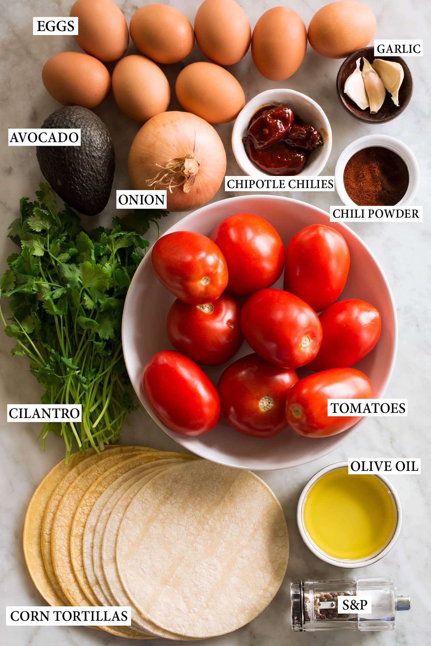 Ingredients needed to make huevos rancheros.