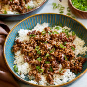 Ground korean beef bowl served over white rice.