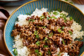 Ground korean beef bowl served over white rice.