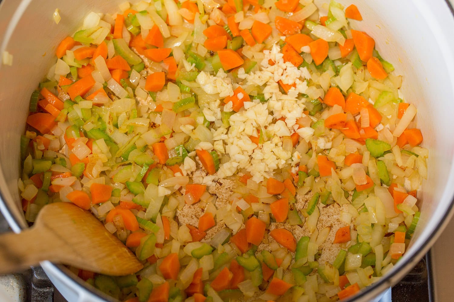 Cooked vegetable mixture in pot.