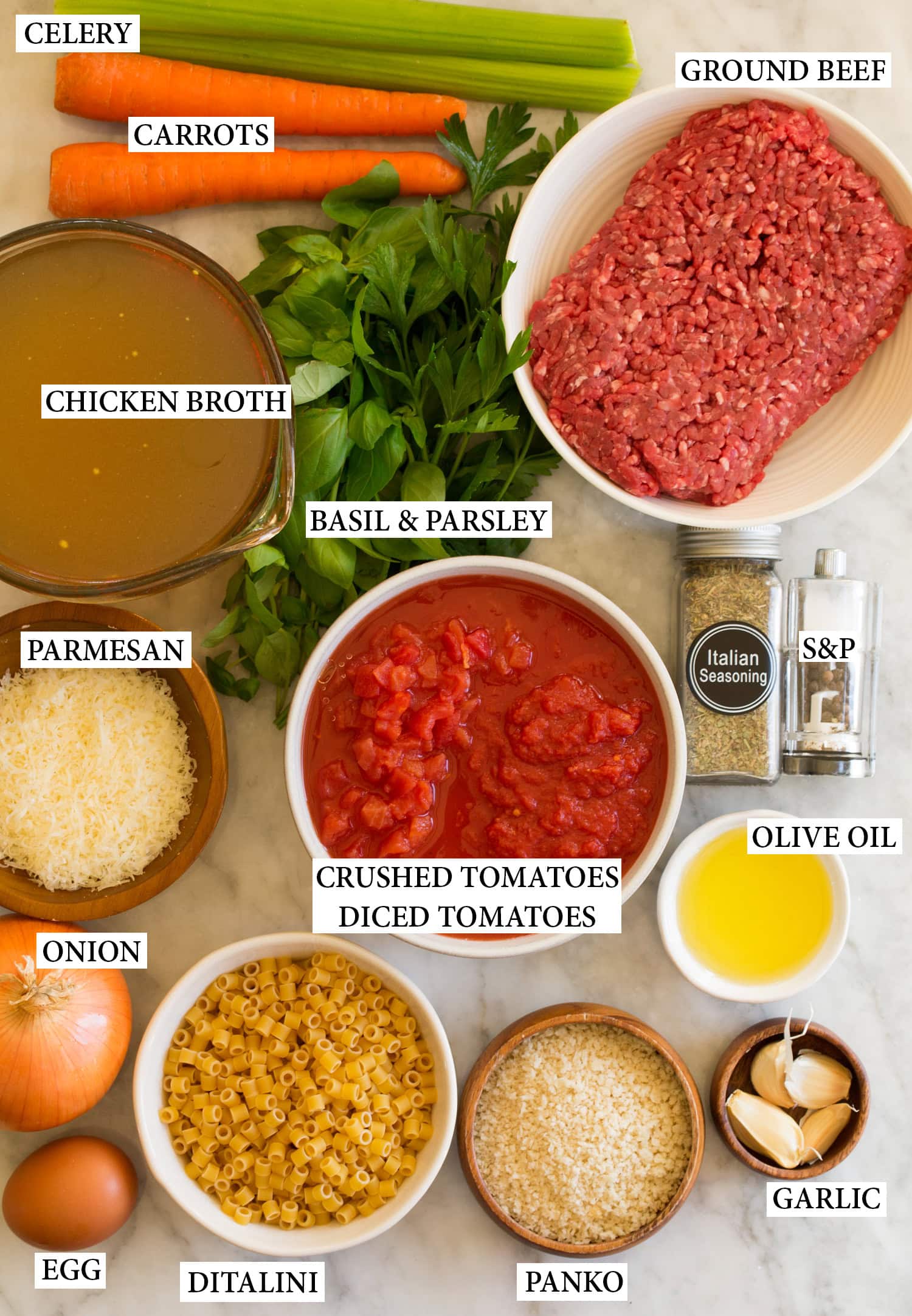 Ingredients used to make meatball soup.