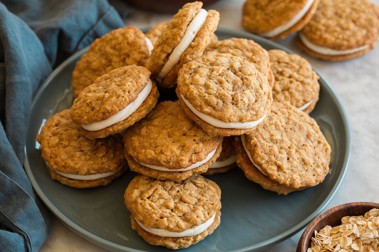 Completed oatmeal cream pies sandwiched together with cream filling.