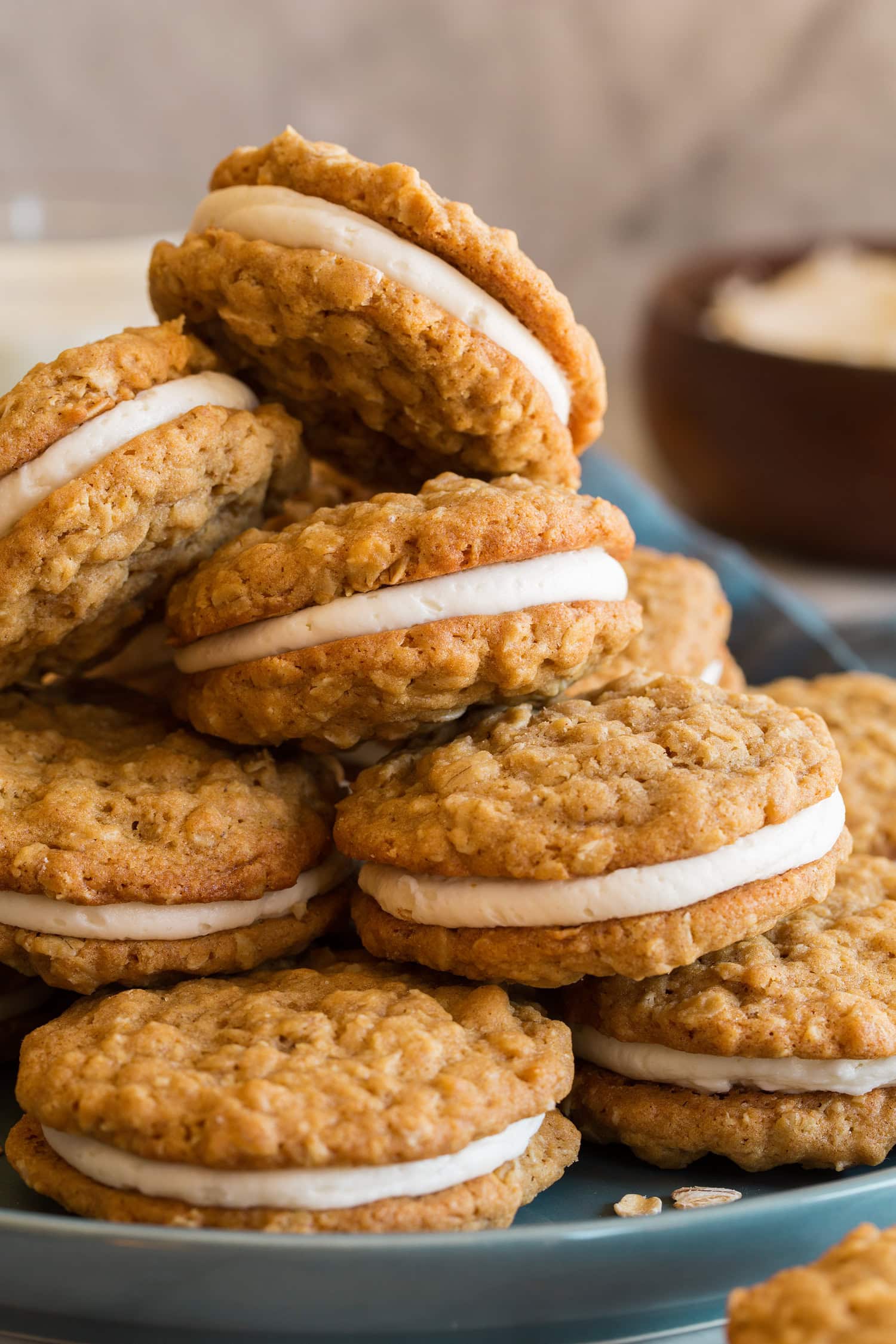 Close up photo of homemade oatmeal cream pies.