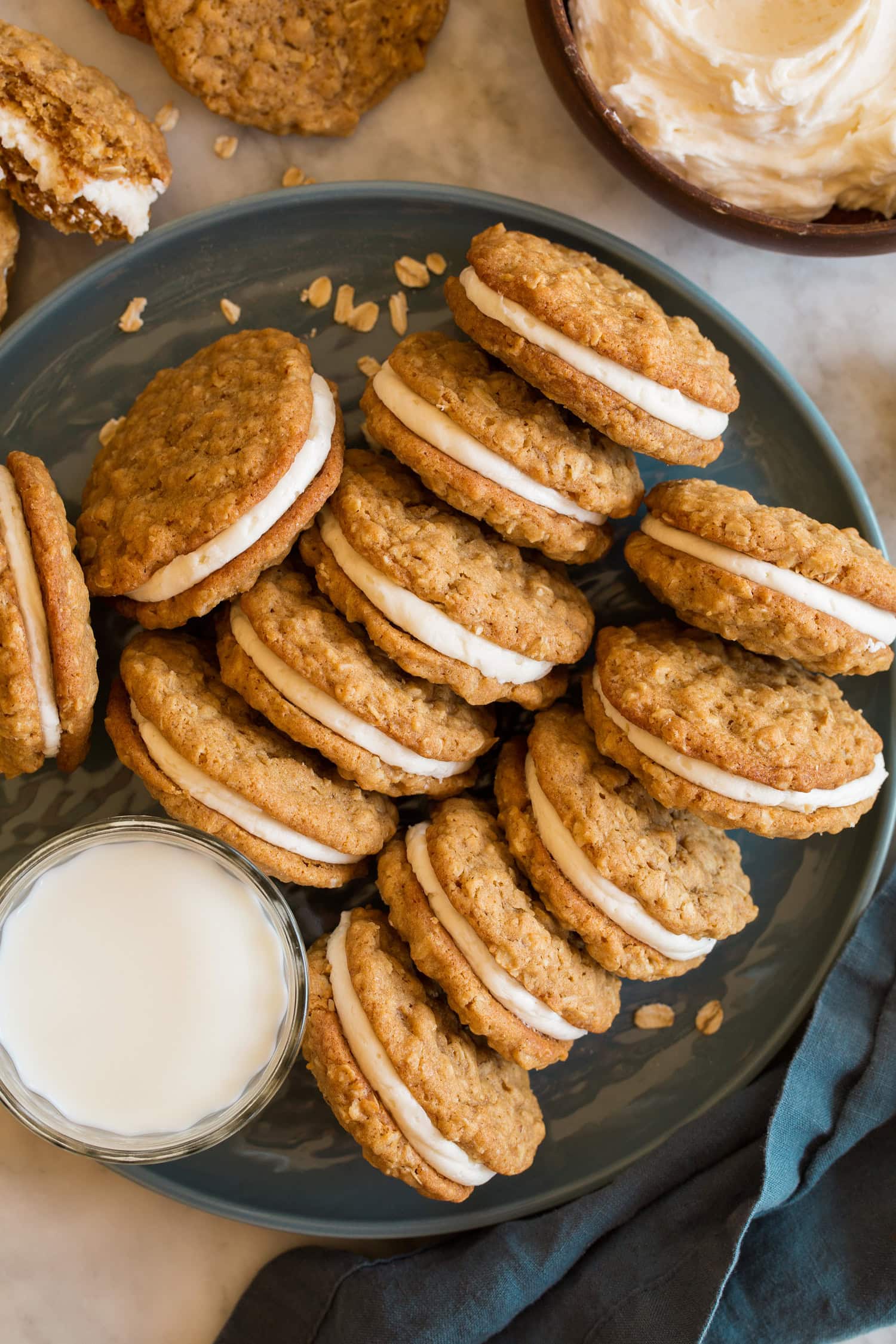 Overhead photo of sandwich oatmeal cream pie cookies.