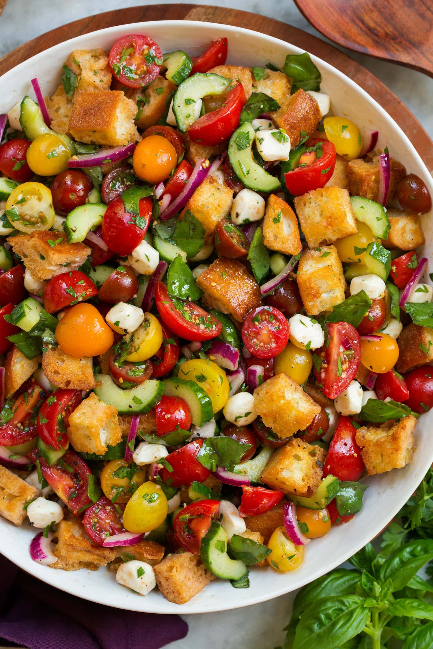 Overhead photo of homemade panzanella salad.