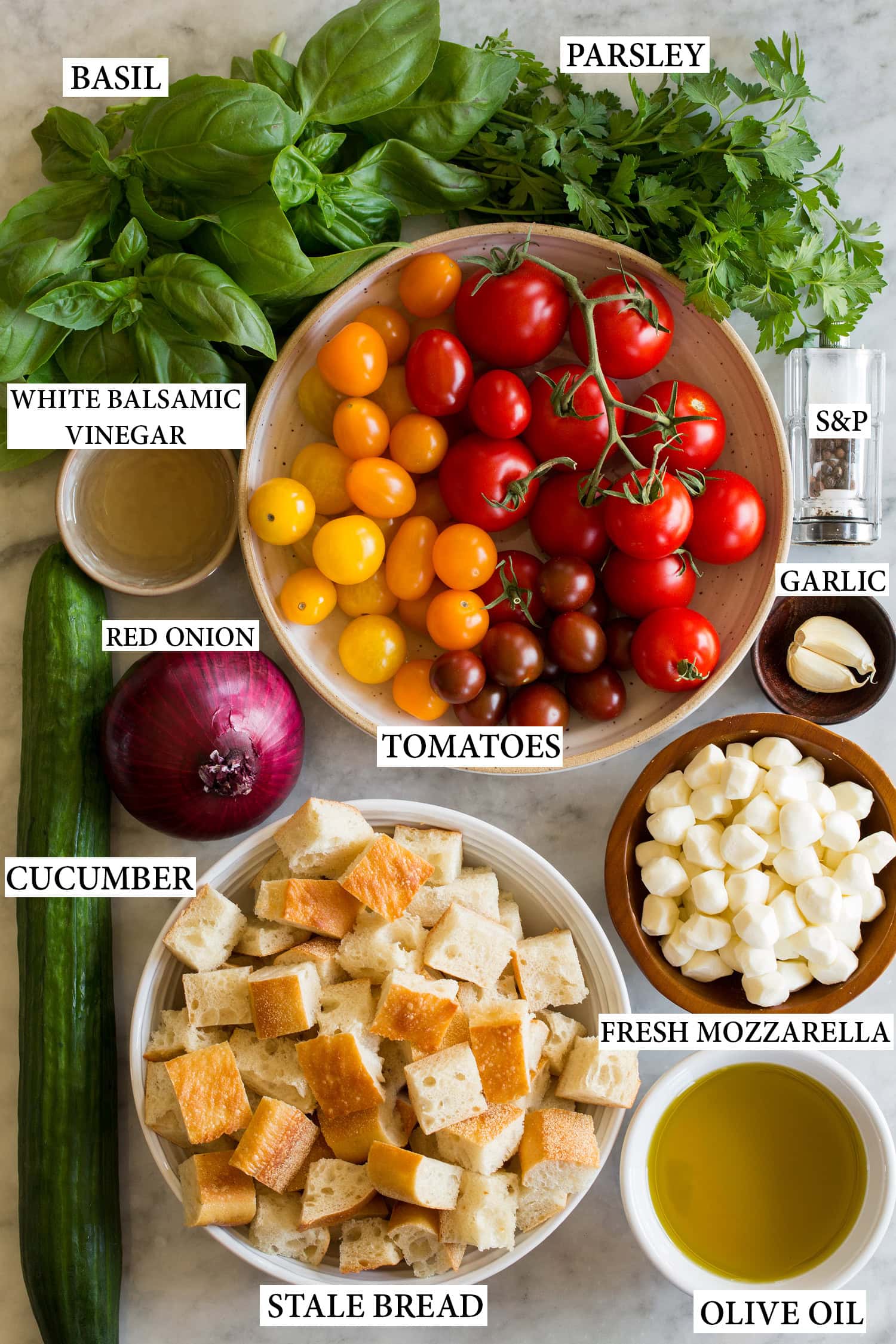 Ingredients used to make panzanella salad.