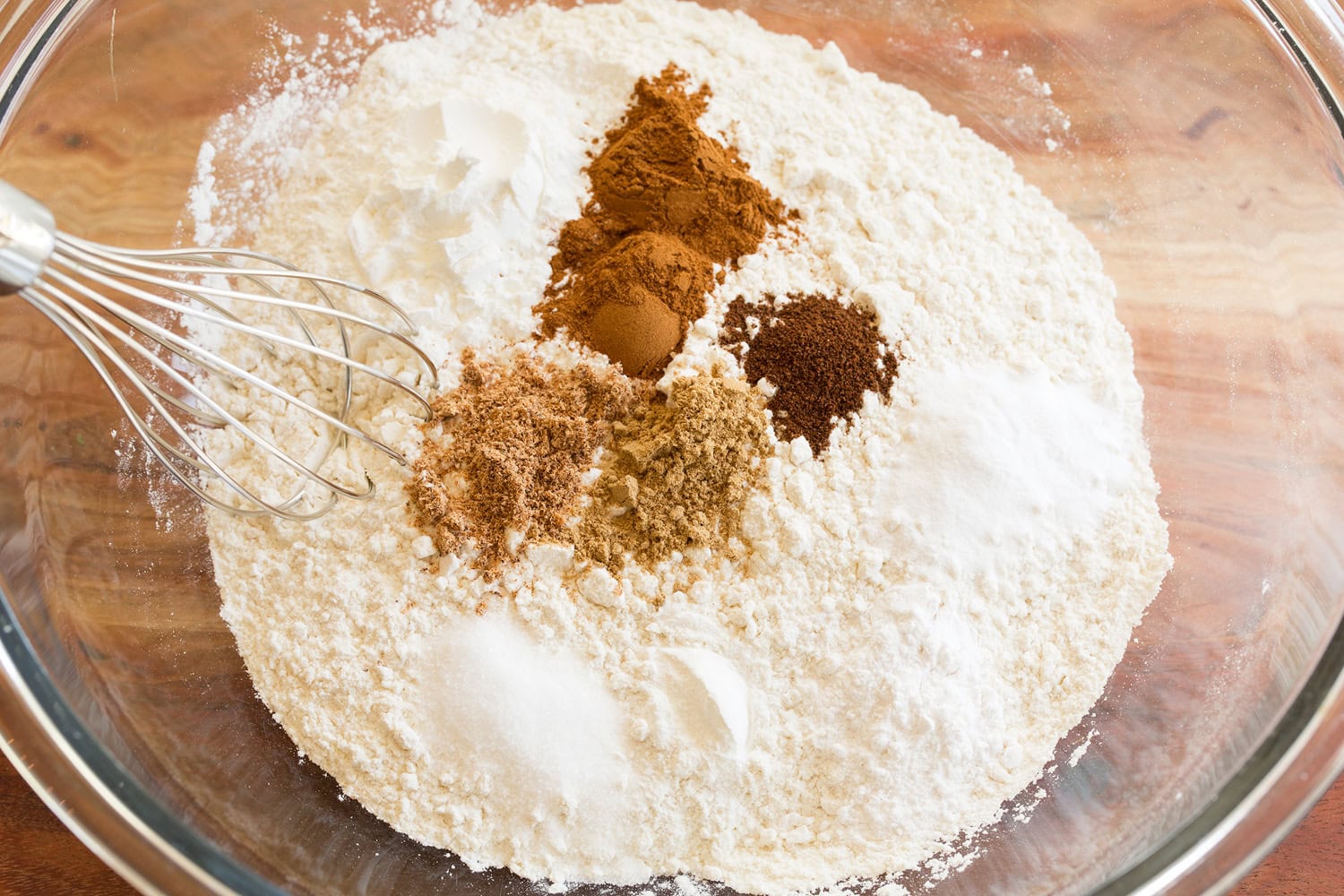 Flour, cinnamon, baking soda, cream of tartar mixture in glass bowl.