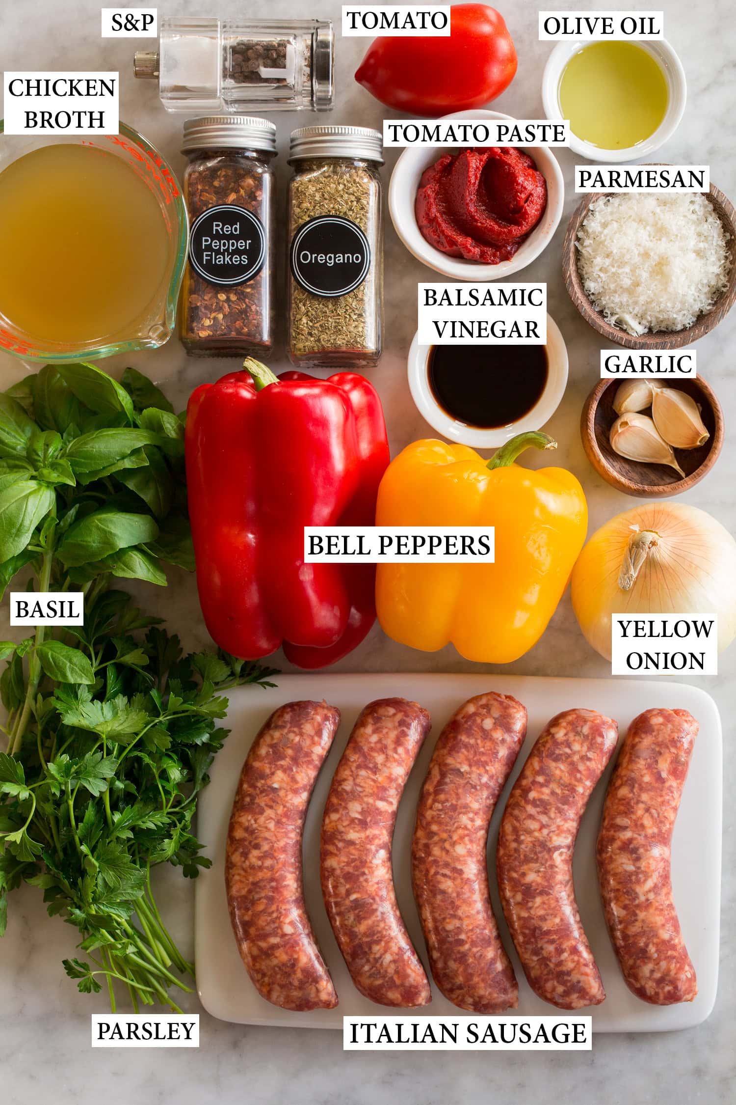 Ingredients needed to make sausage and peppers.