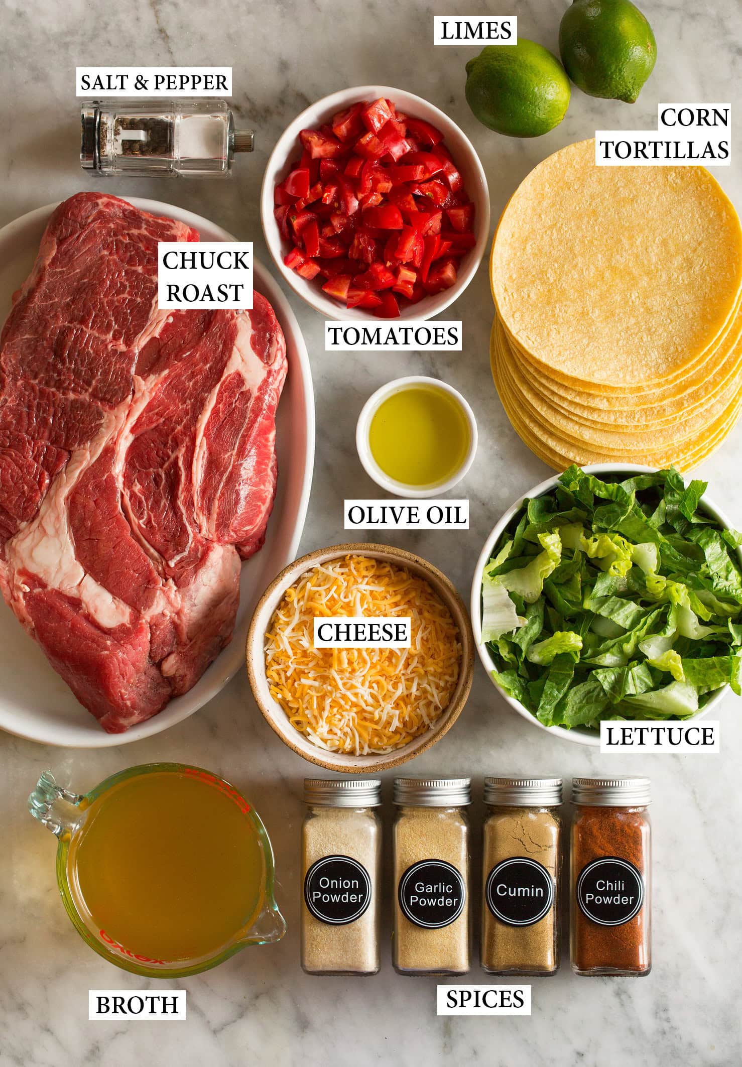 Shredded Beef Tacos recipe ingredients.