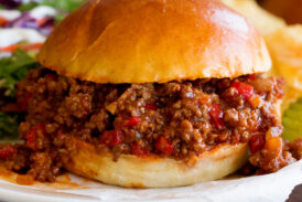 Close up image of sloppy joes showing texture and sauce.