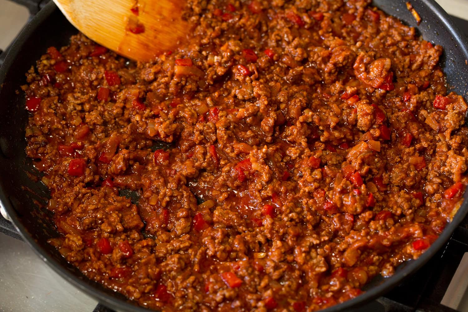 Completed sloppy joe mixture in a skillet