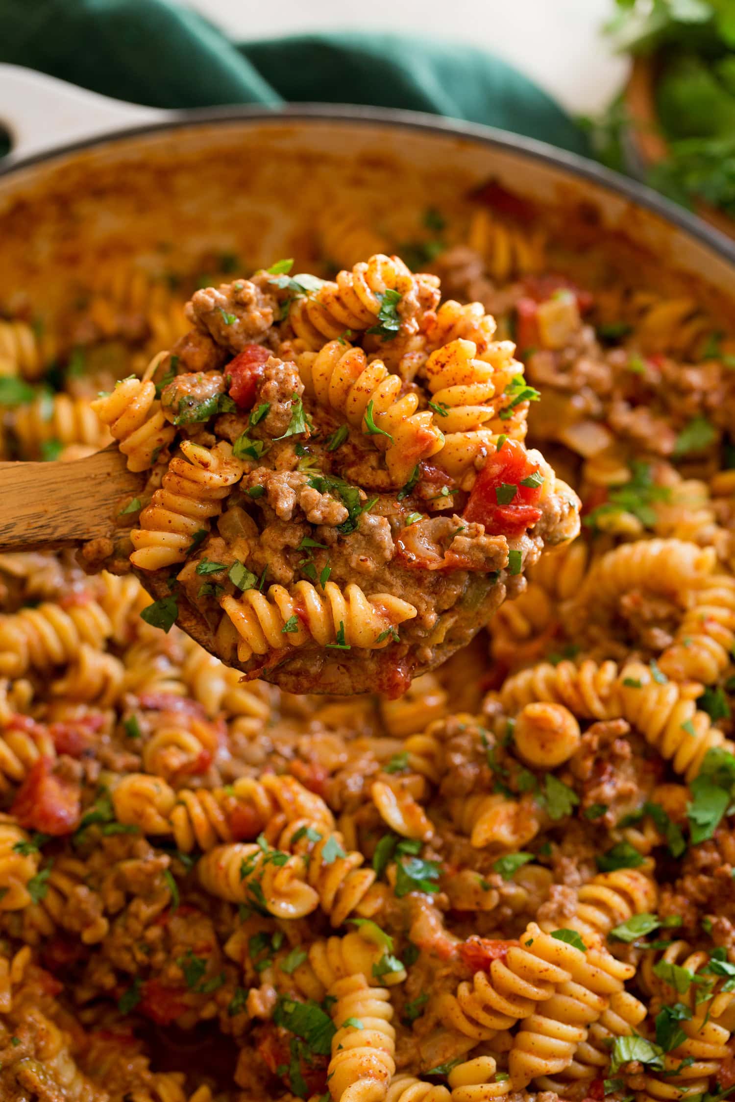 Close up photo of scoop of taco pasta.