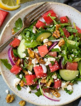 Watermelon Cucumber Salad with Feta and Lemon Dressing